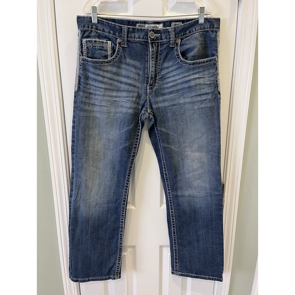 BKE Buckle Jake Straight Leg Stretch Jeans Men's 36x30 Blue Denim Pants Whiskers